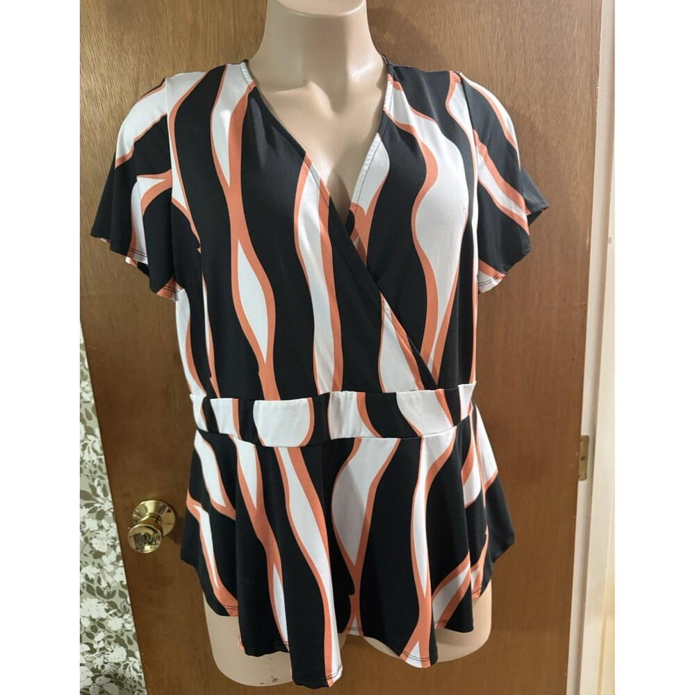 Ashley Stewart Plus 18/20 V-Neck Short Sleeve Peplum Blouse Abstract